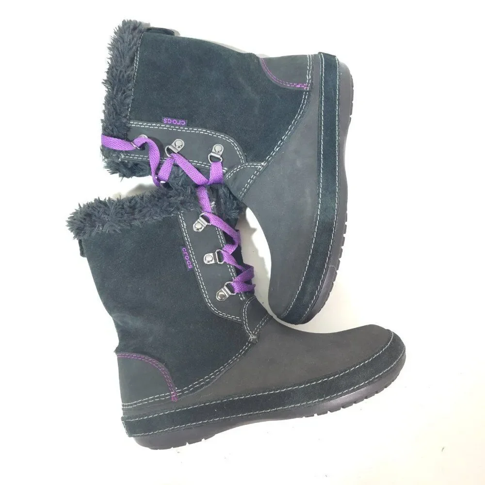 Crocs Women’s AllCast Luxe Faux Fur Winter Boots Black Purple Size 7